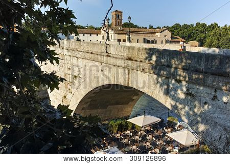 Rome, Italy - June 22, 2017: Amazing View Of Tiber River And Pons Cestius In City Of Rome, Italy
