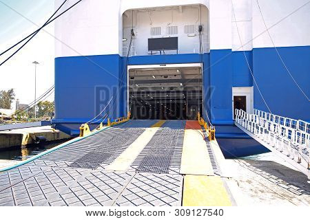 Open Stern Quarter Ramp Ferry At Port In Piraeus