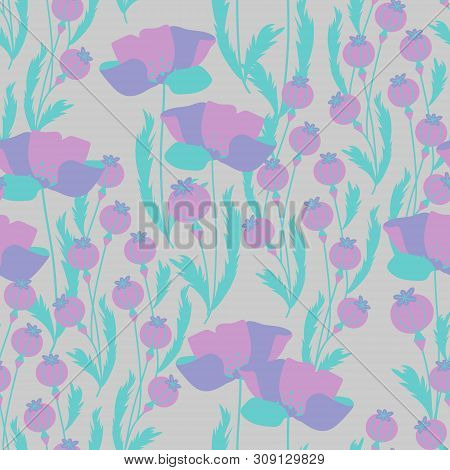 Vector Seamless Pattern With Poppy Flowers And Capsules.