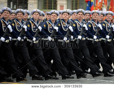 Moscow, Russia - May 9, 2019: Cadets Of The Black Sea Higher Naval School Named After Admiral Nakhim