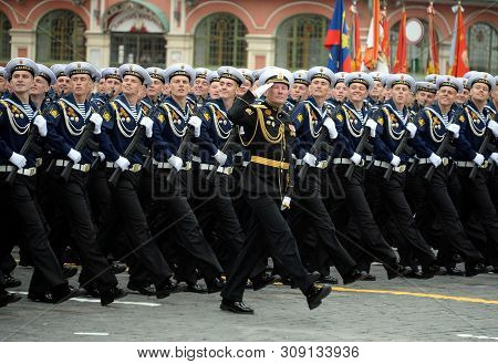 Moscow, Russia - May 9, 2019: Cadets Of The Black Sea Higher Naval School Named After Admiral Nakhim