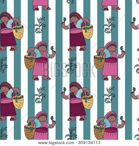 Seamless Pattern With Tea Collector With A Basket Against Contrast Lines. Fine For Stationery, Gift 