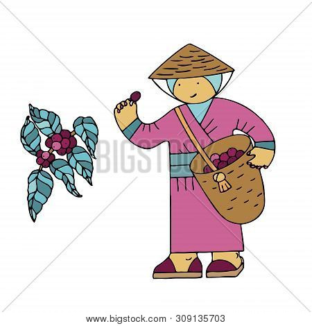 Coffee Beans Collector In A National Costume With A Basket In A Doodle Style With A Stroke. Icon For