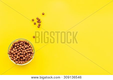 Cereals, Oatflakes And Cornflakes For Healthy Breakfast On Yellow Background Top View Mock Up