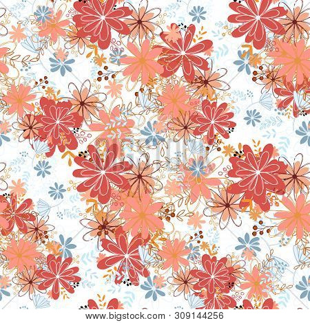 Seamless Pattern Clear Shaped Flowers Mixed Bouguet. Simple Flowers In Bouguets