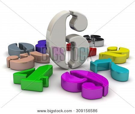 Number Six In The Middle Of Numbers. 3d Colorful Numbers Lying On White Background With The Number O