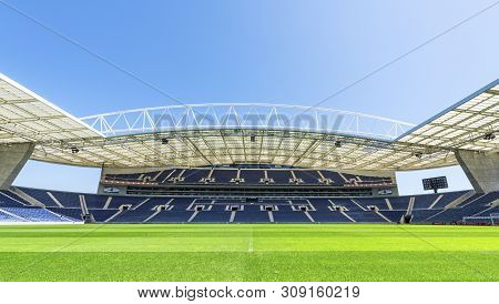 Porto, Portugal - April 2018: Grass View On Estadio Do Dragao Stadium