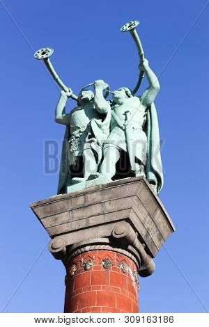 The Lur Blowers Statue Near The City Hall In Copenhagen, Denmark