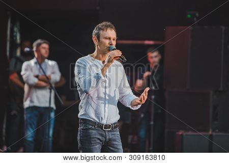 Lviv, Ukraine - June 18, 2019: Vakarchuk At Stage Talking In Microphone. Political