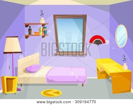 Room For Girl. House Bedroom For Girl Kid Children Cartoon Vector Appartment. Illustration Of Apartm