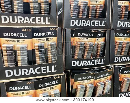 Montreal, Canada - June 20, 2019: Duracell Packages Stand In Costco Warehouse. Duracell Is American 