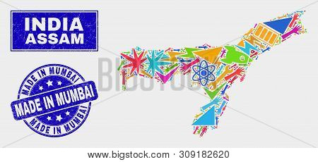 Mosaic Technology Assam State Map And Made In Mumbai Stamp. Assam State Map Collage Constructed With