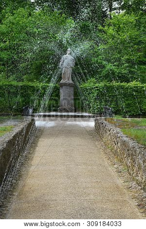 Salzburg, Austria - May 25, 2019 : Trick Fountains And Sculptures At The  Public Gardens Of Hellbrun