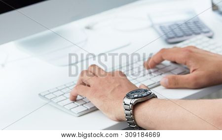 Businessman Using Computer Keyboard. Close Up Of Male Hands Typing On Computer Keyboard. Blogger, Jo
