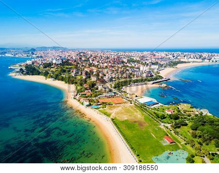 Santander City Beach Aerial Panoramic View. Santander Is The Capital Of The Cantabria Region In Spai