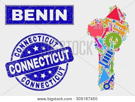 Mosaic Service Benin Map And Connecticut Seal Stamp. Benin Map Collage Formed With Scattered Colorfu