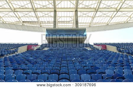 Porto, Portugal - April 2018: Blue Tribunes Of Estadio Do Dragao Arena
