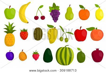 Cute Cartoon Fruits Set In Flat Style Isolated On White Background. Icons. Vector Illustration.