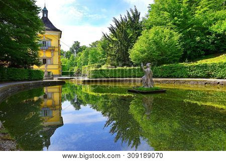 Salzburg, Austria - May 25, 2019 : Sculptures At The Pond In Public Gardens Of Hellbrunn Palace (sch