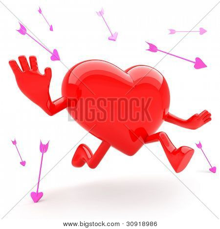 Runaway mascotte a forma di cuore e di evitare la freccia