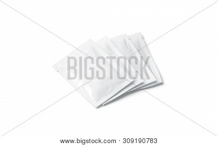 Blank White Sachet Packets Stack Mock Up, Isolated, Side View, 3d Rendering. Empty Package Bundle Mo