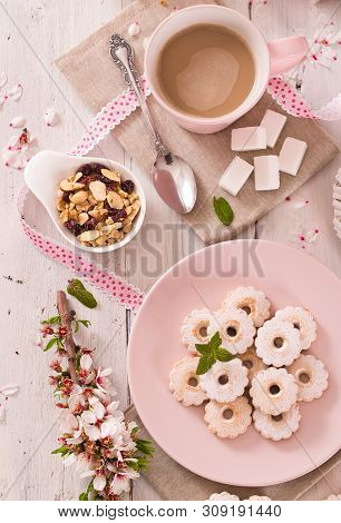 Canestrelli Biscuits With Icign Sugar On Wooden Table.