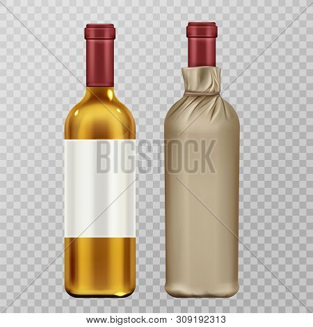 Wine Bottles In Craft Paper Package Mock Up Set Isolated On Transparent Background. Glass Flask With