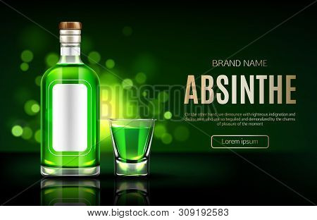 Absinthe Bottle And Shot Glass Mock Up Banner, Blank Flask With Green Liquid Mockup, Strong Alcohol 