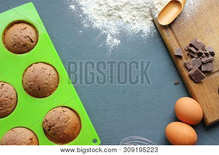 Homemade Muffins With Chocolate. Ingredients For Baking. Copy Space.