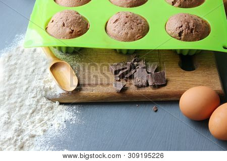 Homemade Muffins With Chocolate. Ingredients For Baking. Copy Space.