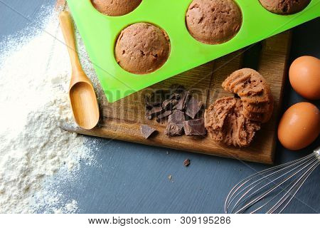Homemade Muffins With Chocolate. Ingredients For Baking. Copy Space.