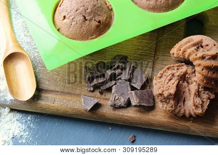 Homemade Muffins With Chocolate. Ingredients For Baking. Copy Space.