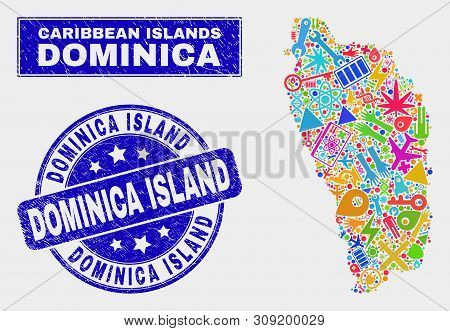 Mosaic Technology Dominica Island Map And Dominica Island Seal Stamp. Dominica Island Map Collage De