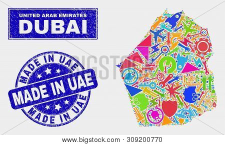 Mosaic Service Dubai Emirate Map And Made In Uae Seal. Dubai Emirate Map Collage Formed With Randomi