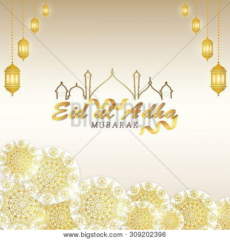 Eid Mubarak Greeting Card Vector In Golden Color, Wishing For Islamic Festival For Banner,brochure A