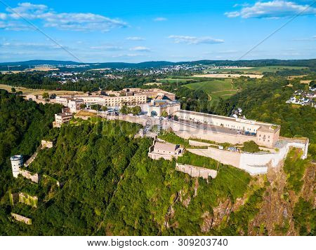 Ehrenbreitstein Fortress Aerial Panoramic View In Koblenz. Koblenz Is City On Rhine, Joined By Mosel