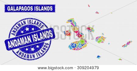 Mosaic Industrial Galapagos Islands Map And Andaman Islands Seal Stamp. Galapagos Islands Map Collag