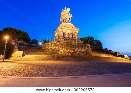 Memorial Of German Unity At Deutsches Eck In Koblenz. Koblenz Is A City On The Rhine, Joined By The 