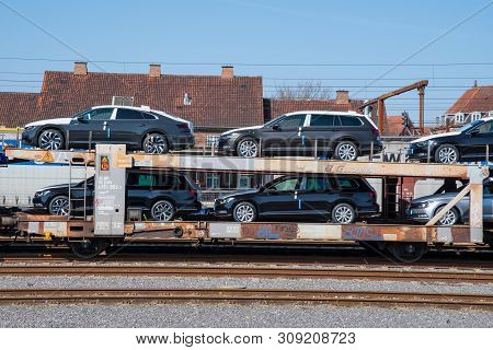 Ringsted Denmark - April 8. 2018: Car Transport Train With New Modern Cars