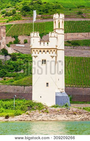 Mouse Tower Or Binger Mauseturm Is A Tower On An Island In The Rhine River Near Bingen Am Rhein In G
