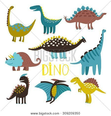 Dinosaurus. Vector Dinosaur Set, Brontosaurus And Pteranodon, Carnivorous Velociraptor And Allosauru