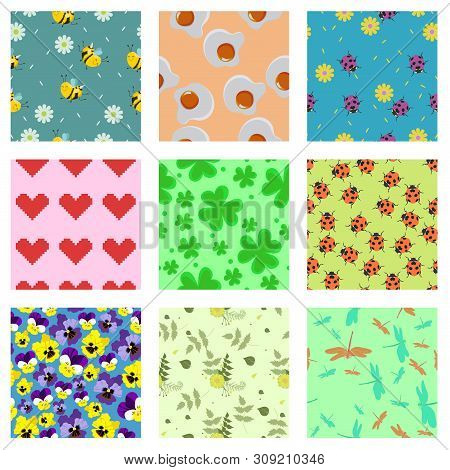 Set Of Cute Seamless Patterns. For Scrabbooking, Fabric, Wrapping Paper. Vector Image.
