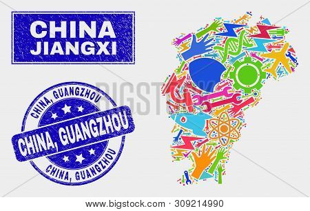Mosaic Service Jiangxi Province Map And China, Guangzhou Seal Stamp. Jiangxi Province Map Collage De