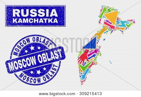 Mosaic Service Kamchatka Map And Moscow Oblast Seal. Kamchatka Map Collage Created With Random Brigh