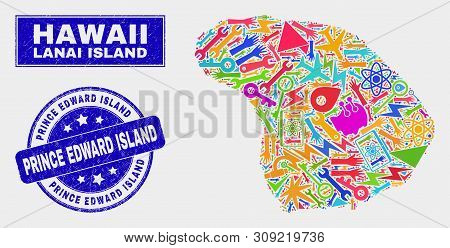 Mosaic Service Lanai Island Map And Prince Edward Island Seal Stamp. Lanai Island Map Collage Create