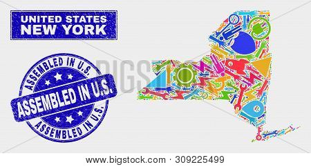 Mosaic Technology New York State Map And Assembled In U.s. Seal Stamp. New York State Map Collage Fo