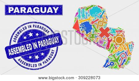 Mosaic Service Paraguay Map And Assembled In Paraguay Stamp. Paraguay Map Collage Designed With Rand