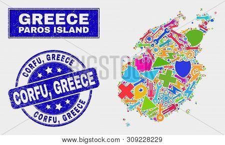 Mosaic Tools Paros Island Map And Corfu, Greece Stamp. Paros Island Map Collage Designed With Scatte