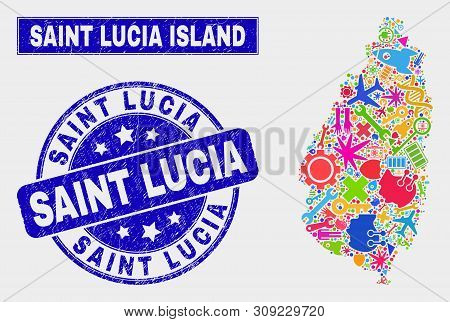 Mosaic Service Saint Lucia Island Map And Saint Lucia Seal Stamp. Saint Lucia Island Map Collage Des