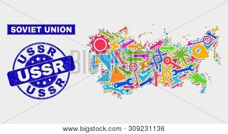 Mosaic Service Soviet Union Map And Ussr Seal Stamp. Soviet Union Map Collage Made With Randomized C